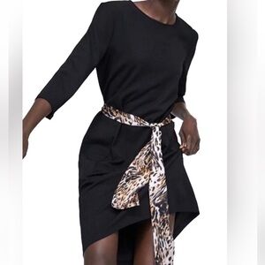 Zara Black Dress with Pockets and Leopard Print Belt